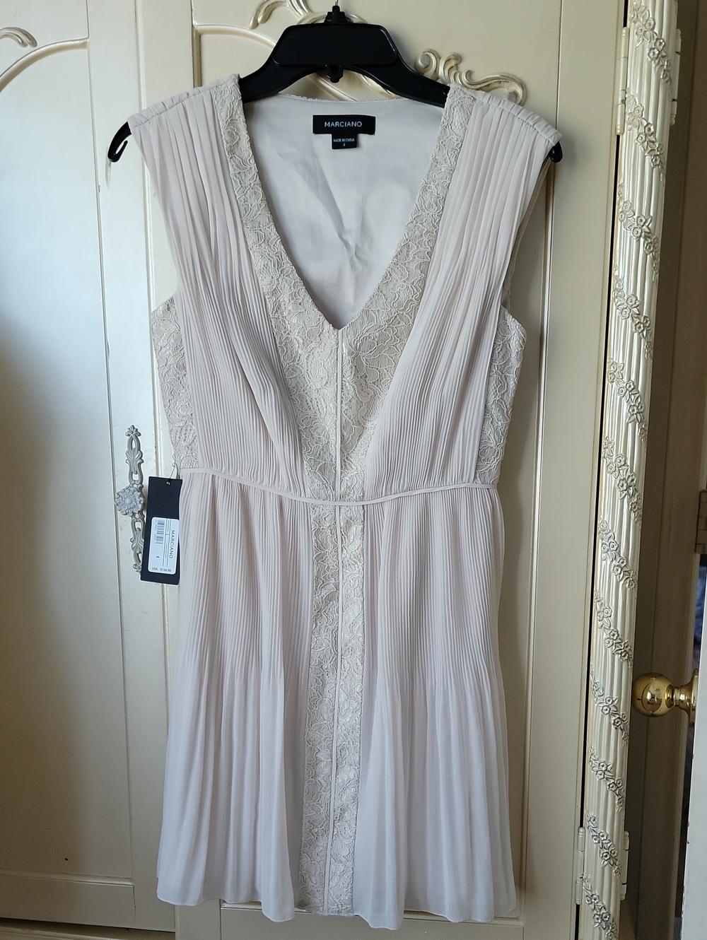 Marciano Cream Lace-Panel Pleated V-Neck Mini Dress